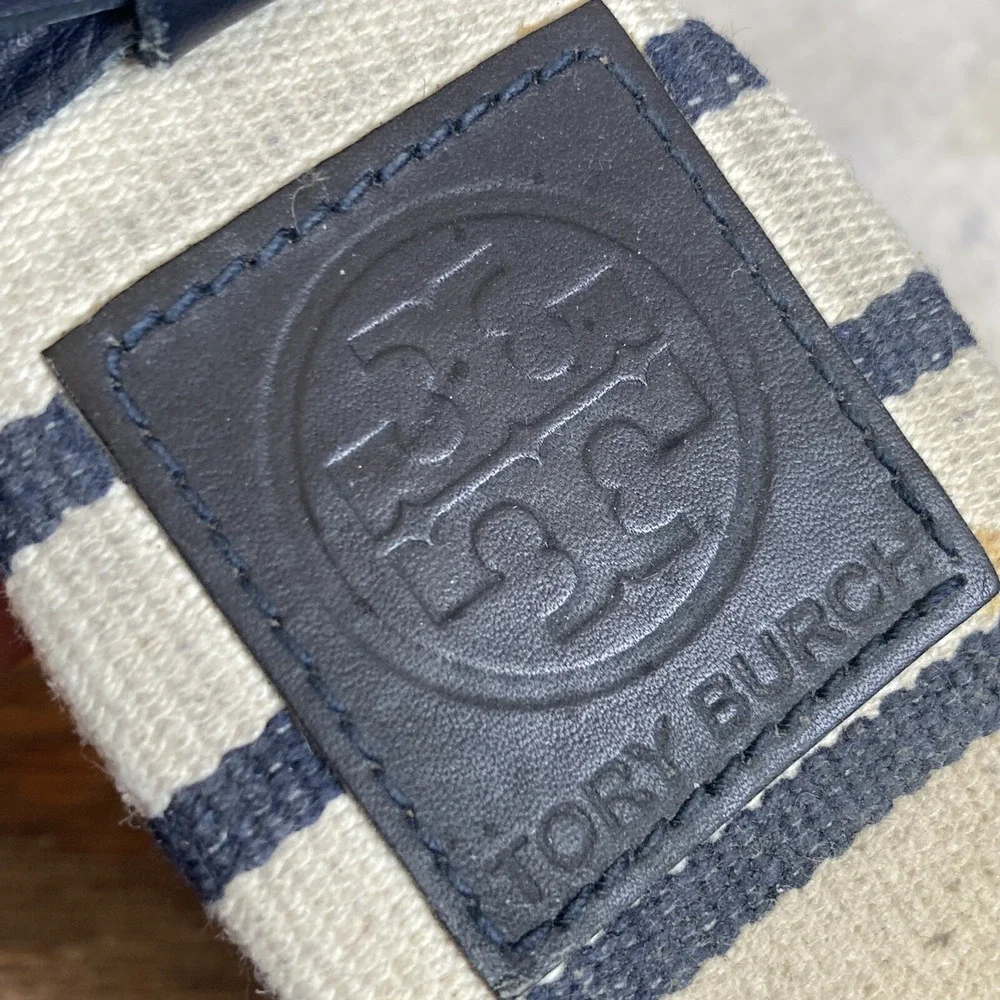 Tory Burch Sandal Women sz 10B Leather Striped Espadrille Blue Ivory Ankle Strap